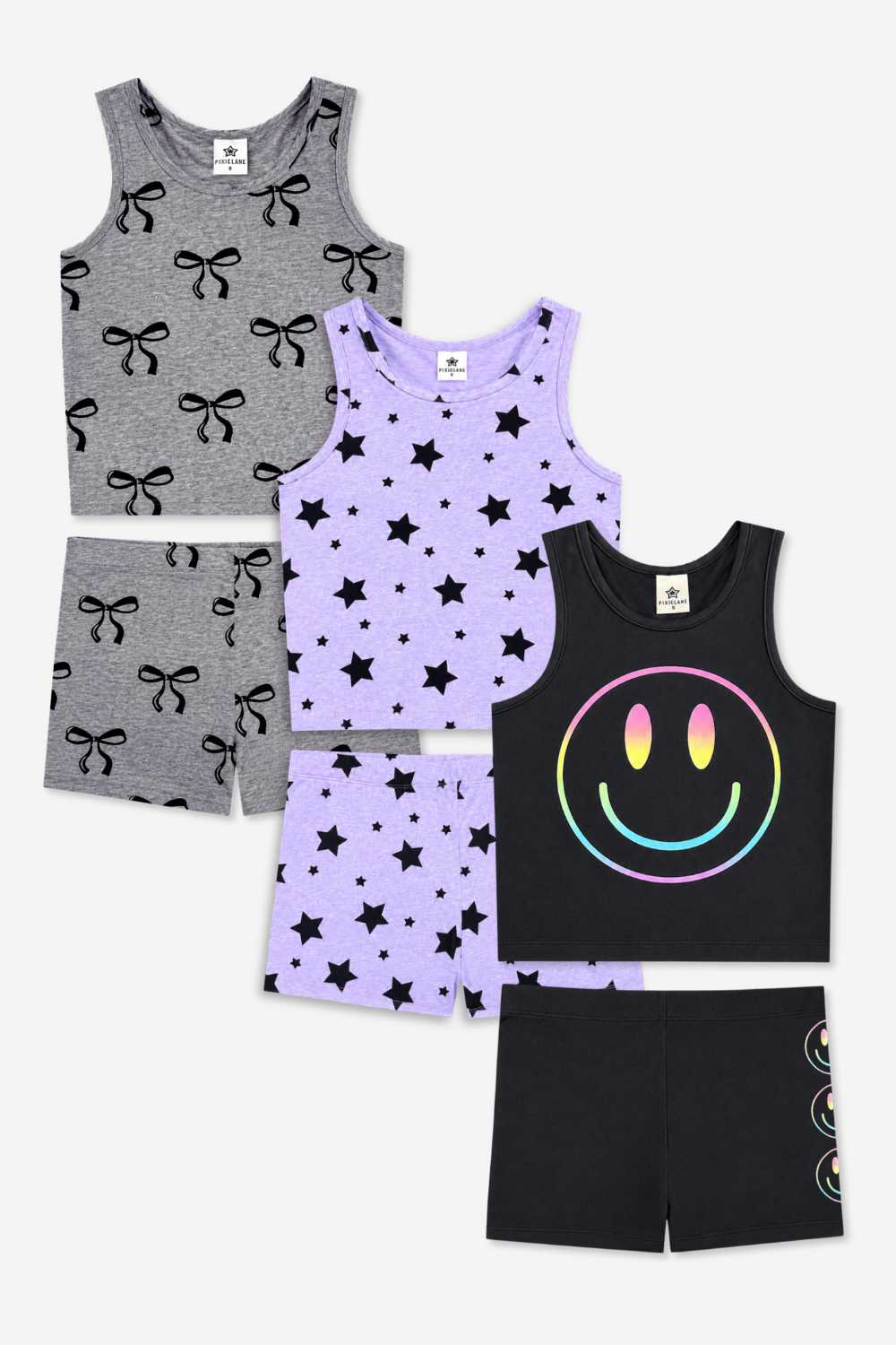3-Pack Simply Soft Luxe Cropped Racerback Tank & Tumble Short - Black Smile | Lilac Star | Neon Pink Emojis - NEW!