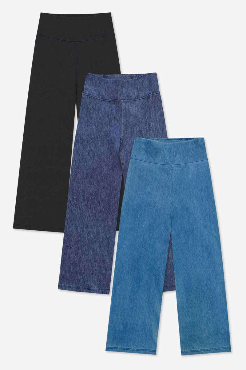 3 Pack Super Stretch Soft Denim Wide Leg Jegging - Black | Vintage Blue | Vintage Indigo - NEW!