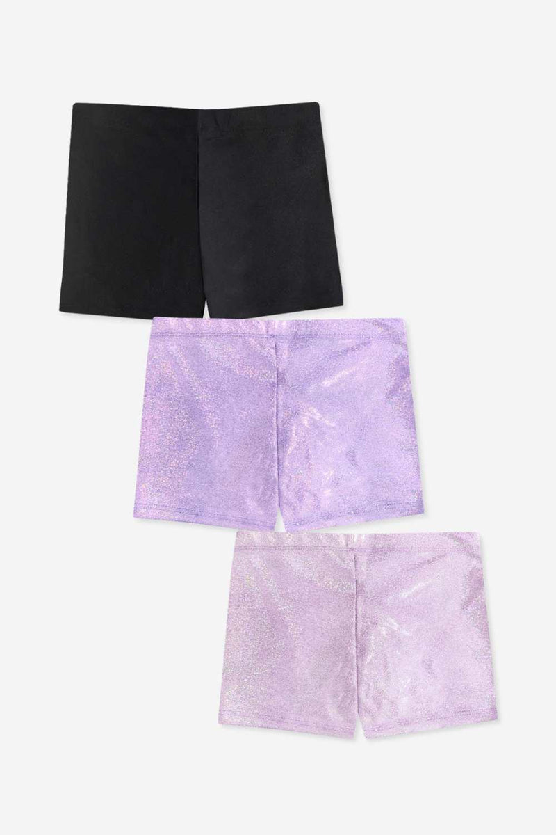 3-Pack High Shine Under Dress & Tumble Short - Black | Pink Glitter | Purple Glitter