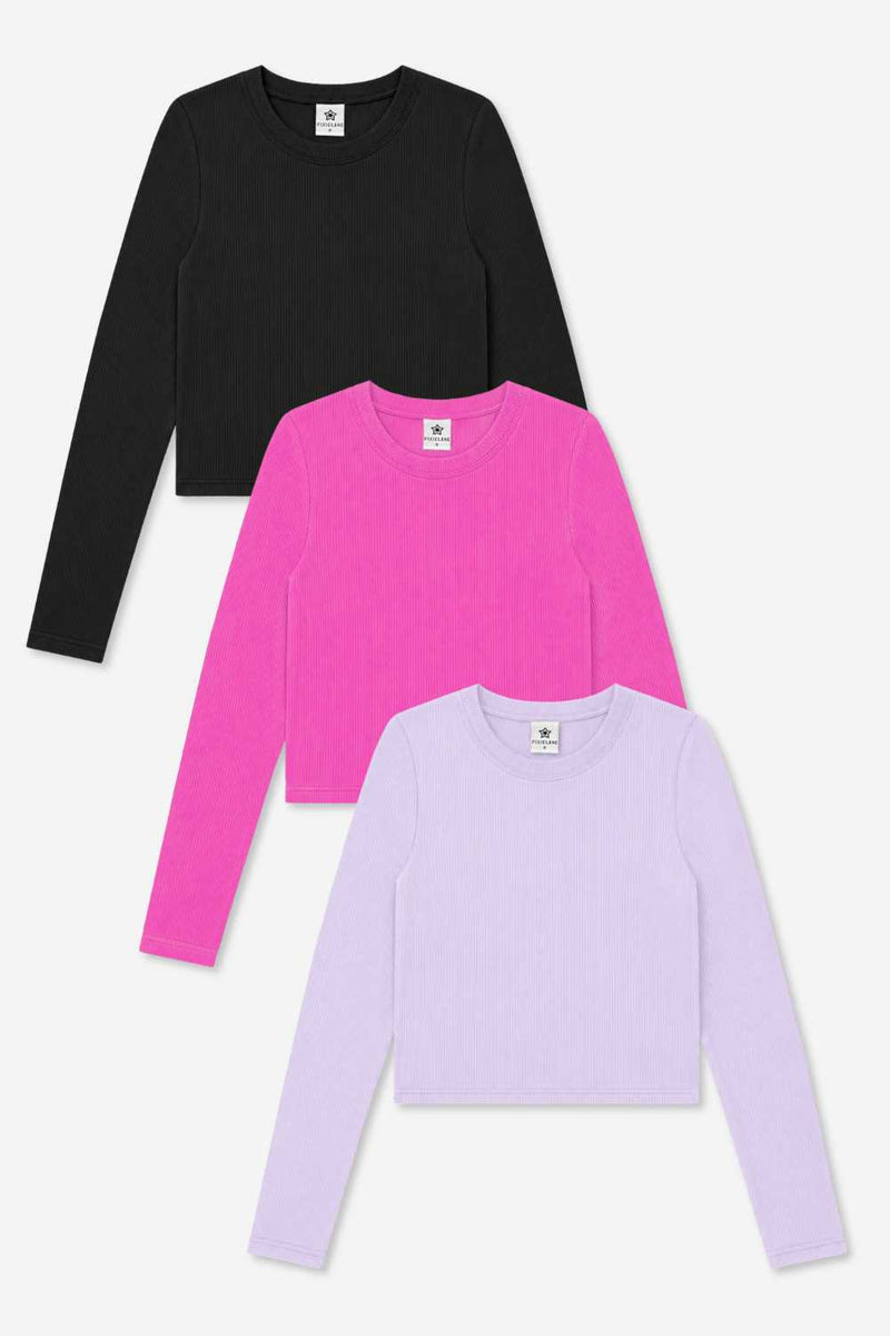 3-Pack Ultra-Soft Ribbed Fitted L/S Tee - Black | Hot Pink | Soft Lilac - NEW!