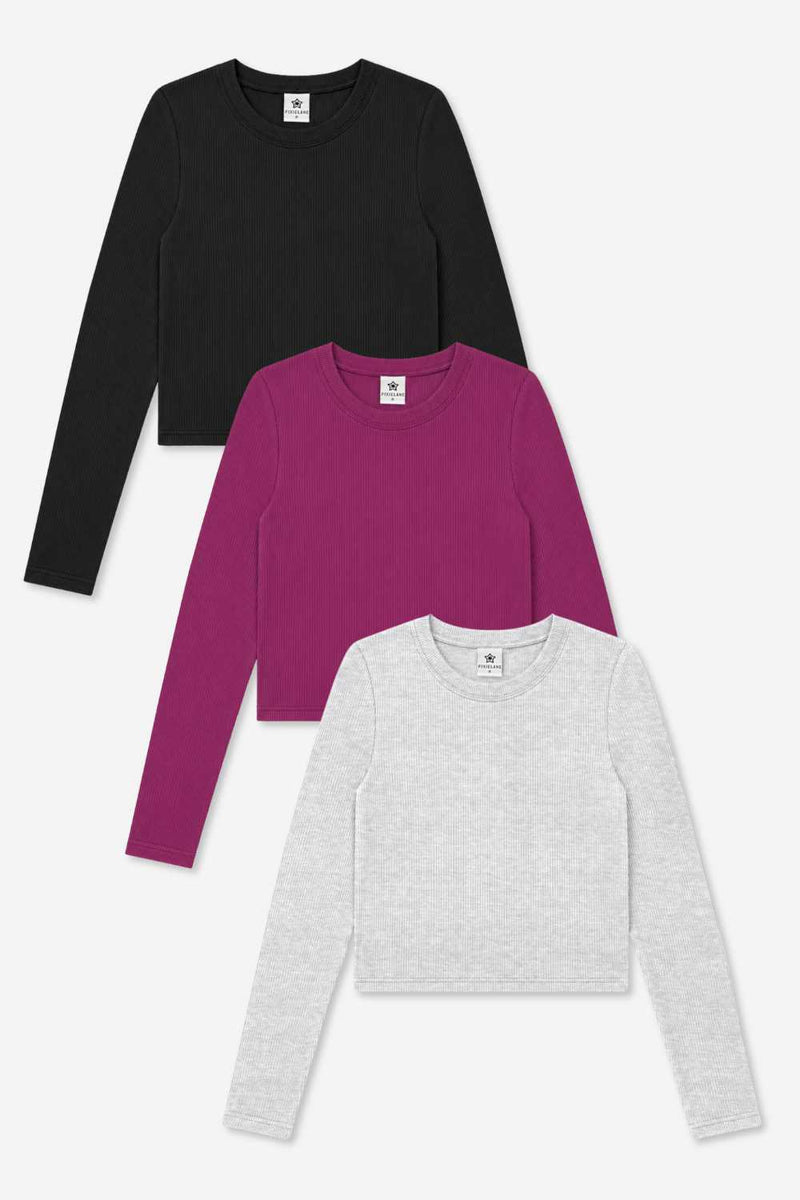 3-Pack Ultra-Soft Ribbed Fitted L/S Tee - Black | Light Ash Grey | Burgundy - NEW!
