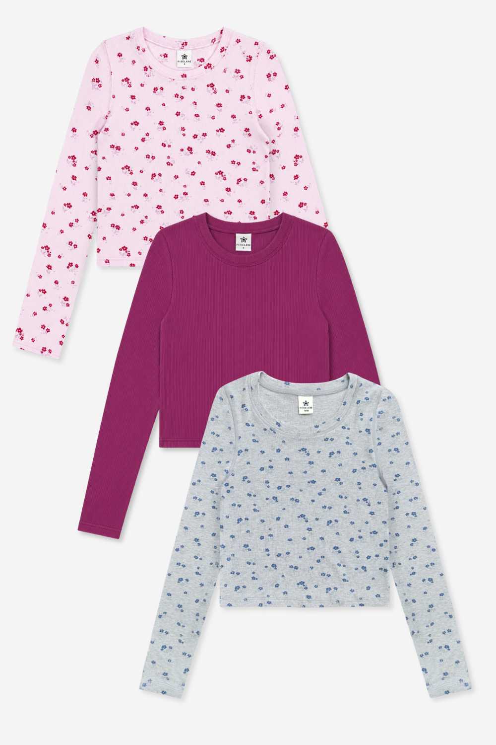 3-Pack Ultra-Soft Ribbed Fitted L/S Tee - H Grey Navy Floral | Burgundy | Pink Burgundy Floral - NEW!