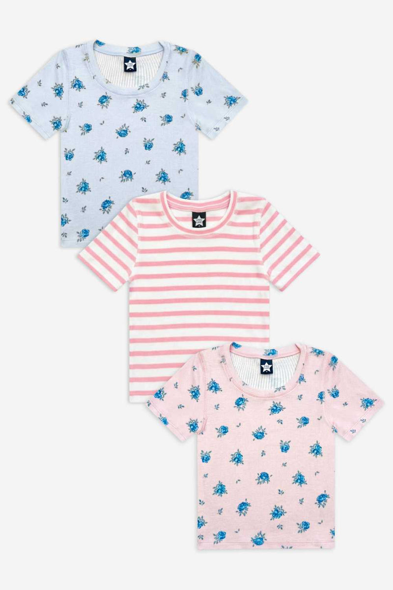 3-Pack Ultra-Soft Ribbed Fitted Tee - Light Blue Ivory Ditsy Floral | Light Pink Ditsy Floral | Ivory Pink Stripe - NEW!