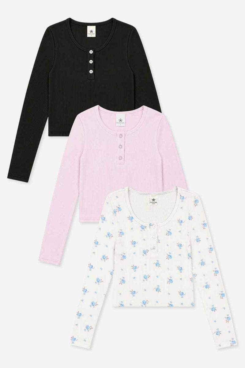 3-Pack Ultra-Soft Rib Fitted Henley - Black | Powder Pink | Ivory Floral - NEW!
