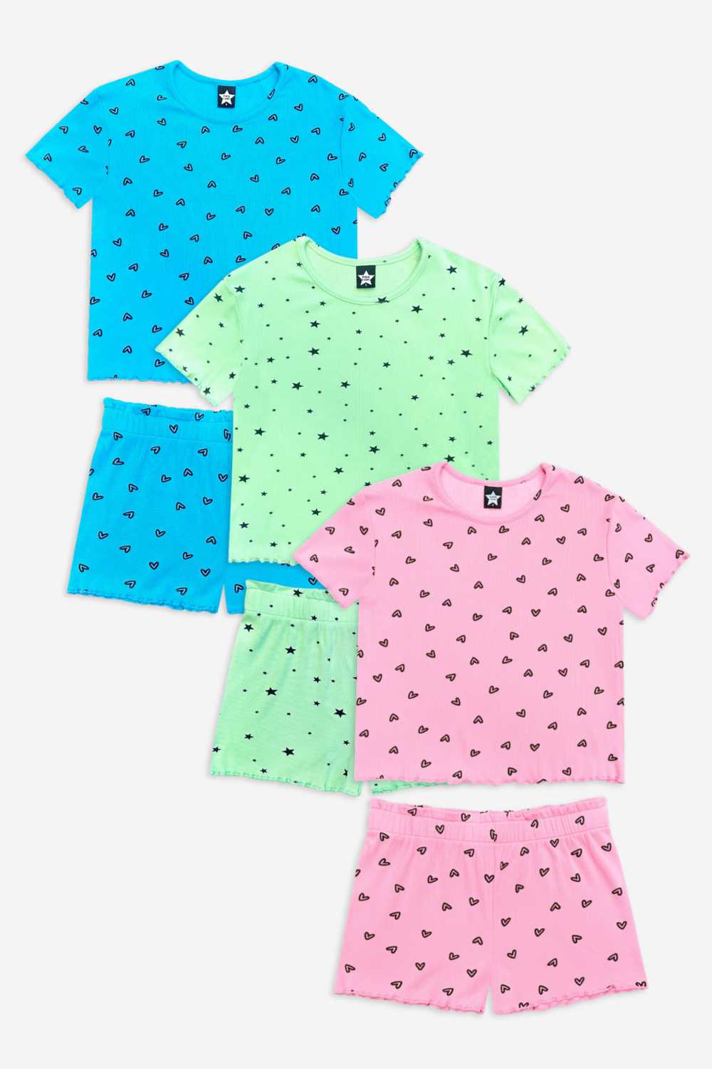 3 Pack Ultra Soft Ribbed Lettuce Hem Easy Tee & Short Set - Neon Pink Heart | Neon Blue Heart | Neon Lime Star