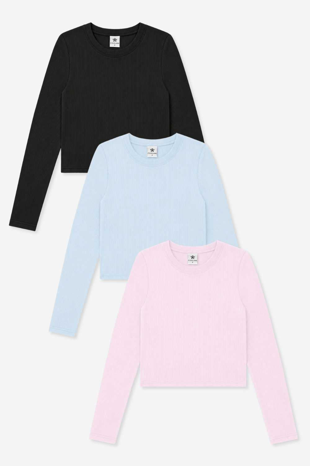 3-Pack Ultra-Soft Ribbed Fitted L/S Tee - Black | Powder Pink | Powder Blue - NEW!