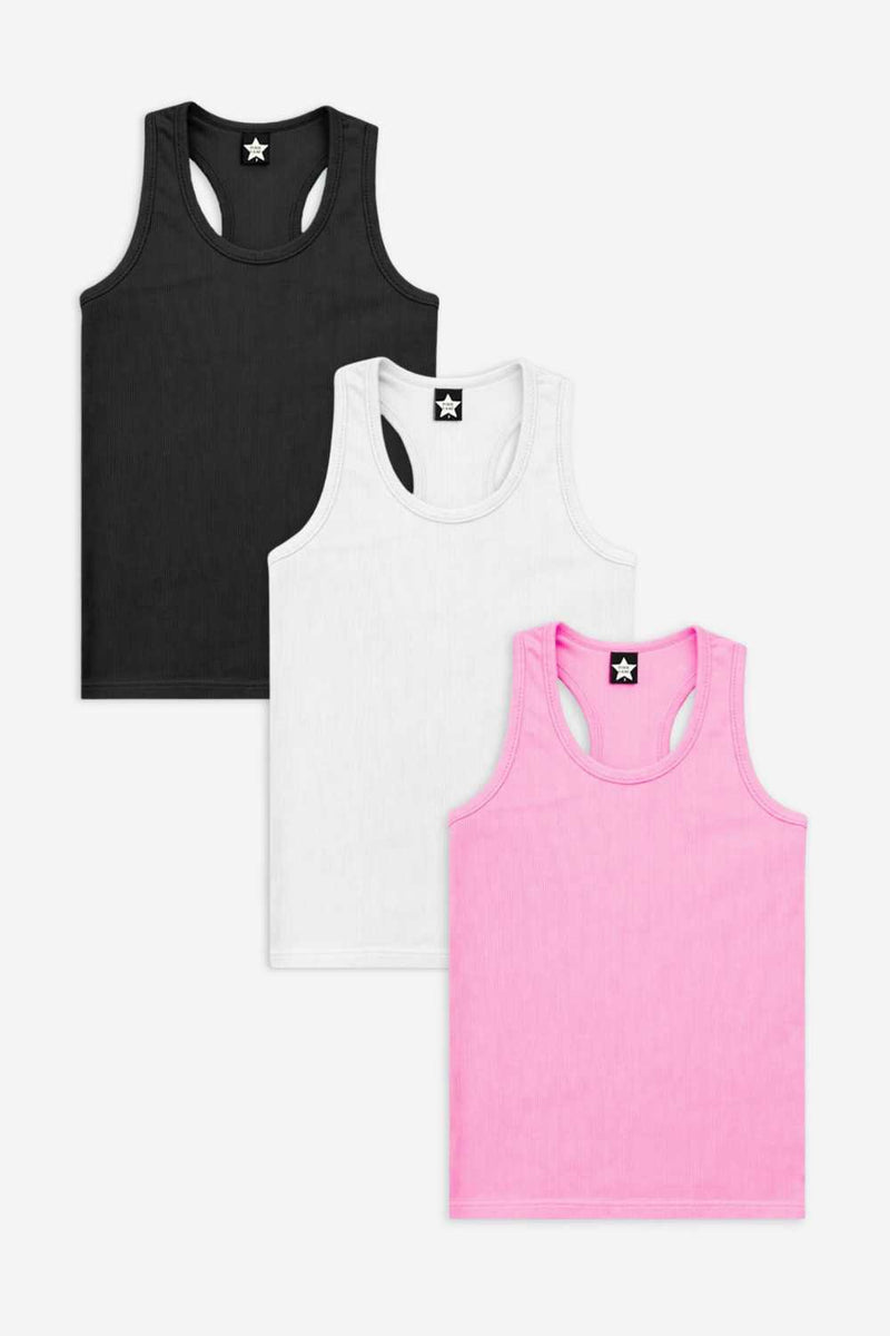 3 Pack - Ribbed Racerback Tank - White | Black | Neon Pink - NEW!
