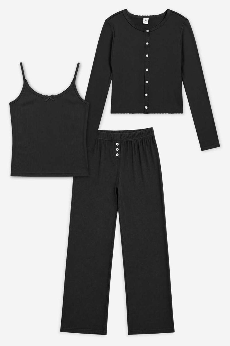 3-Pack Ribbed Cardigan, Cami & Wide Leg - Jet Black - NEW!