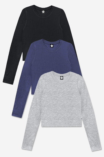 3-Pack Ultra-Soft Ribbed Fitted L/S Tee - Black | Dark Denim | Heather Grey - NEW!