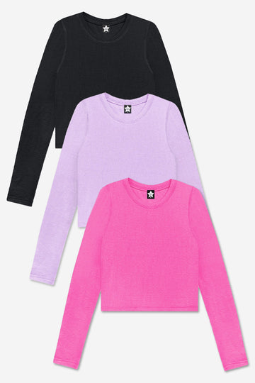 3-Pack Ultra-Soft Ribbed Fitted L/S Tee - Black | Lilac | Hot Pink - NEW!