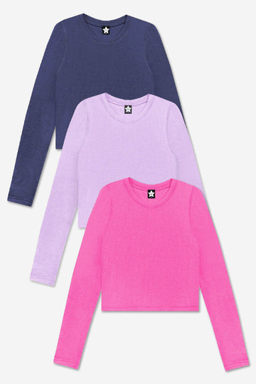 3-Pack Ultra-Soft Ribbed Fitted L/S Tee - Dark Denim | Lilac | Hot Pink - NEW!