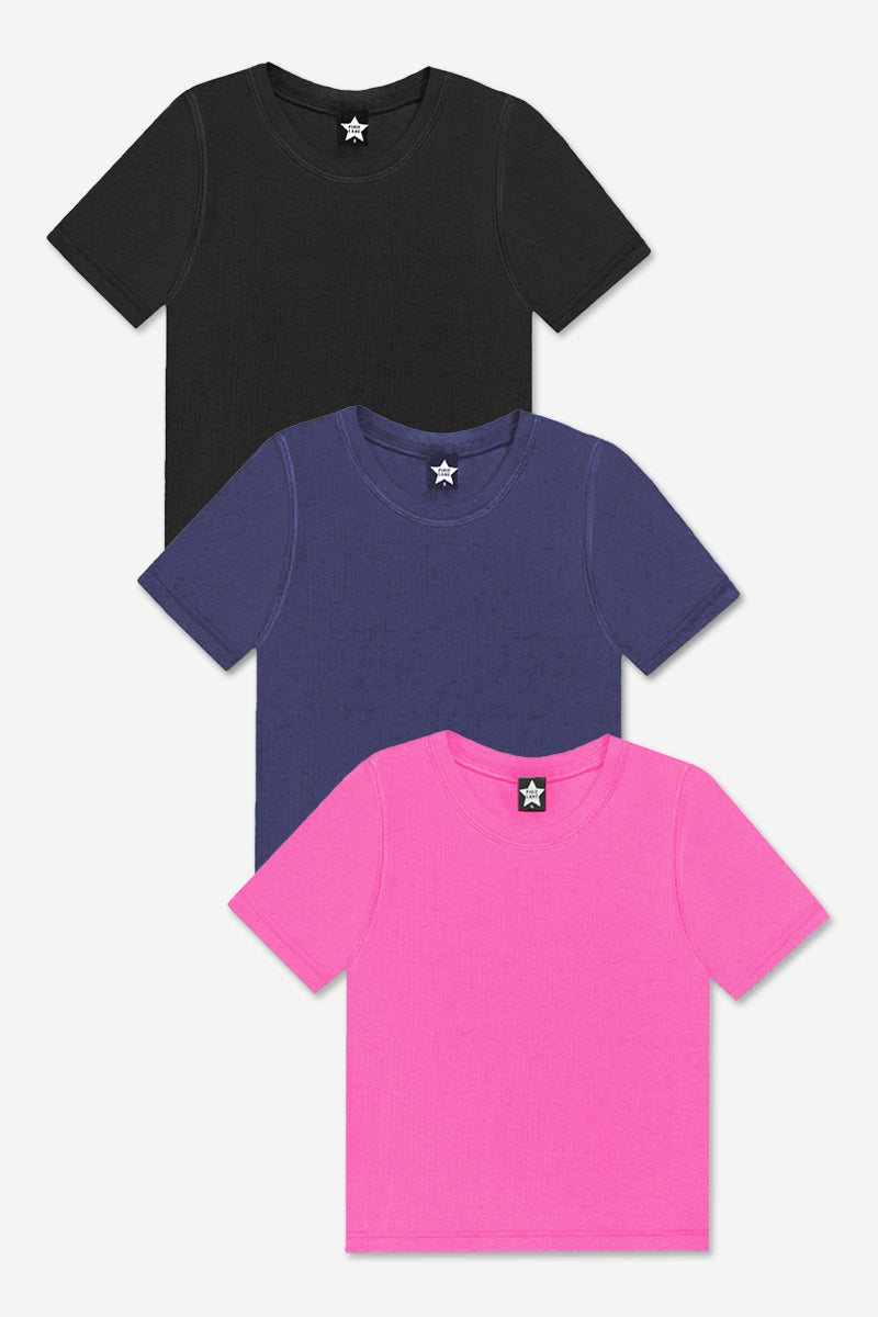 3-Pack Ultra-Soft Ribbed Fitted S/S Tee - Black | Hot Pink | Dark Denim - NEW!