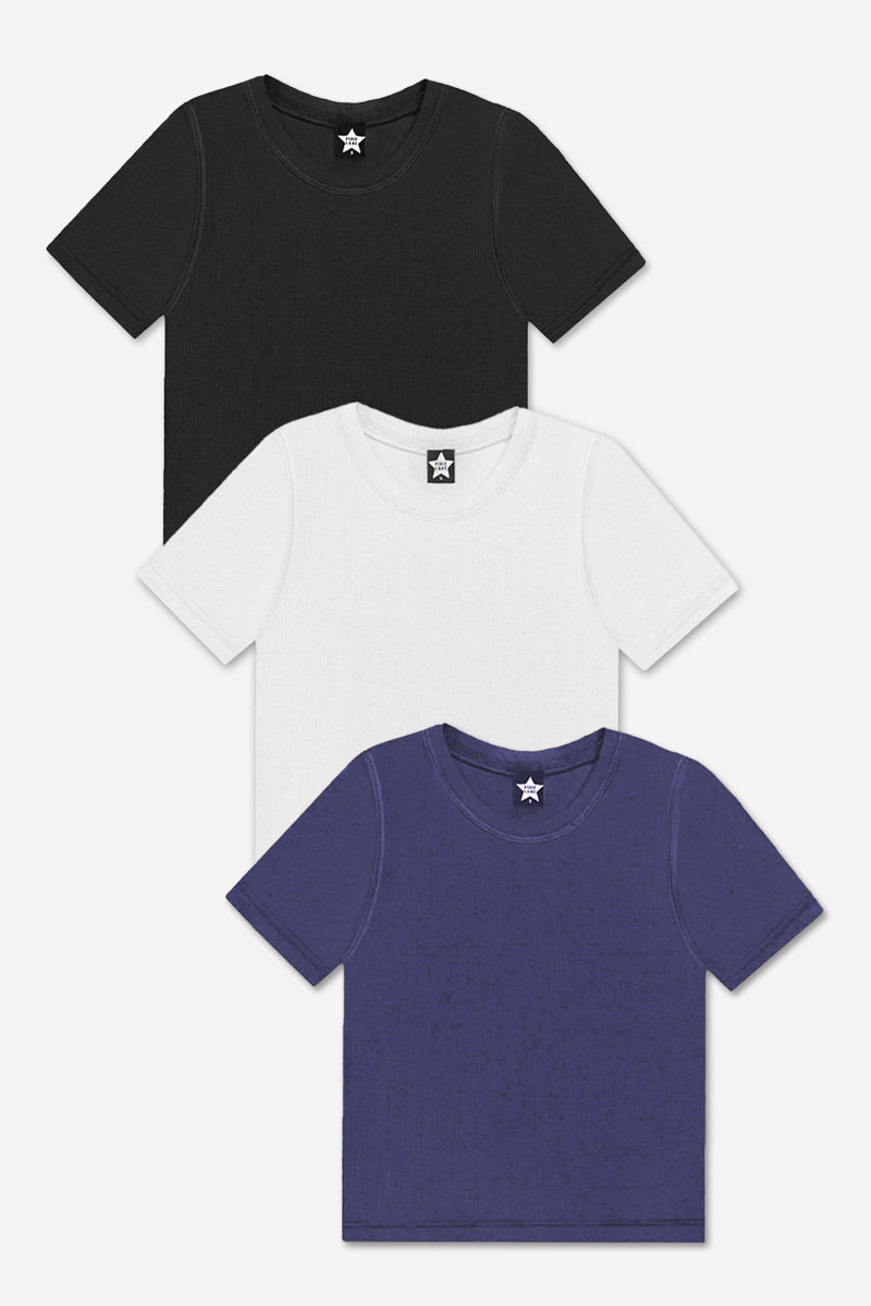 3-Pack Ultra-Soft Ribbed Fitted S/S Tee - Black | White | Dark Denim - NEW!
