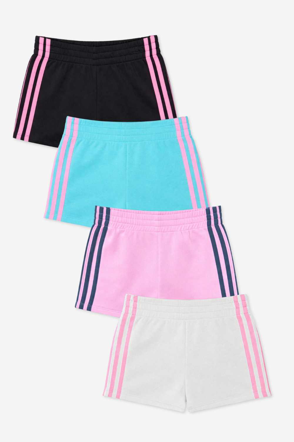 4 Pack - French Terry Smocked Striped Short - Black Pink | Seafoam Pink | Ivory Pink | Pink Denim