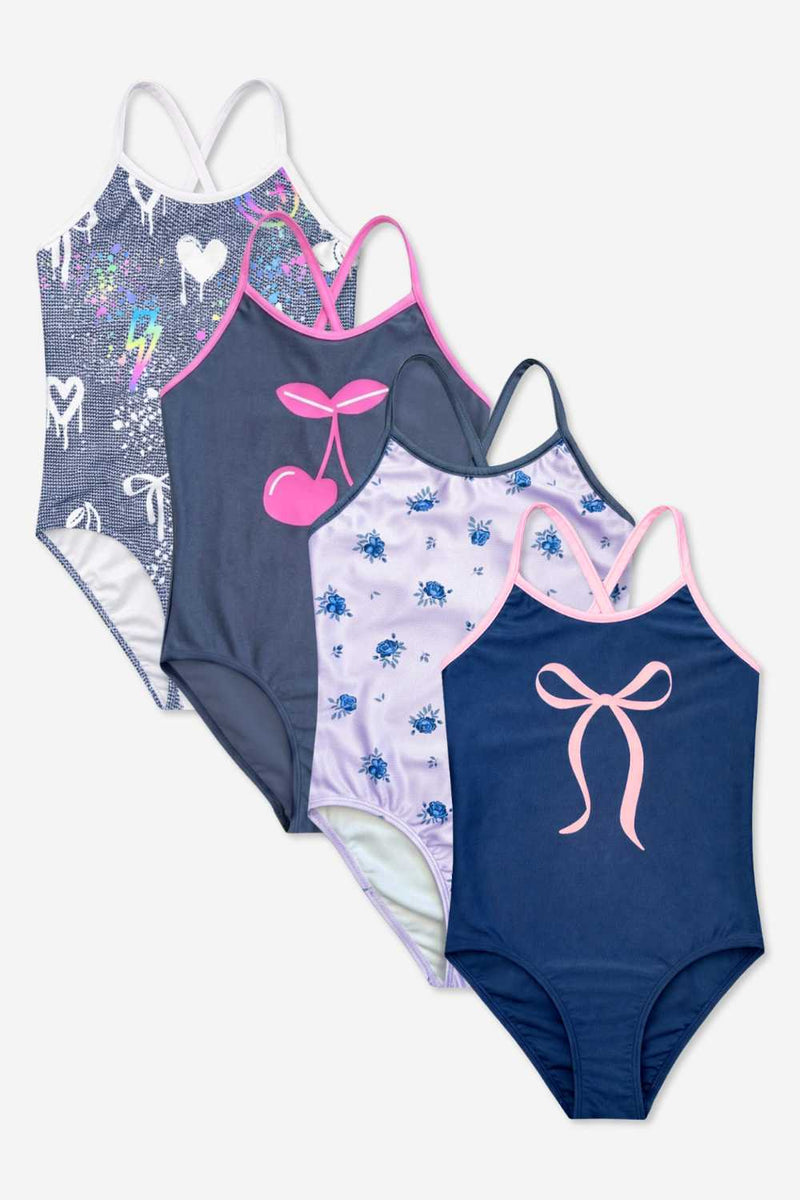 4 Pack - Strappy One Piece Swimsuit - Navy Pink Bow | Lilac Navy Ditsy Floral | Charcoal Pink Cherry | Vintage Denim Graffiti  Elements - NEW!