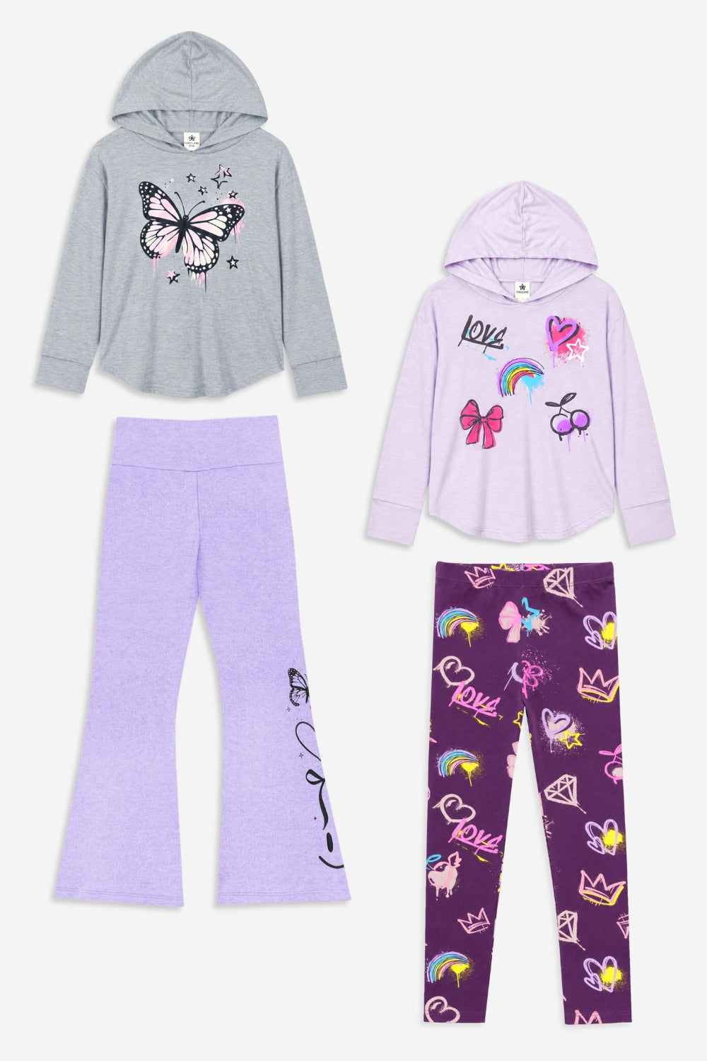 4 Pack Pullover Hoodies Legging Flare Set - Lavender | Heather Grey | Dk Purple | Lavender Emoji - NEW!