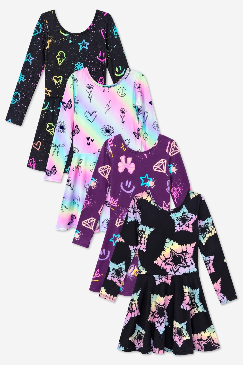 4 Pack Simply Soft L/S Skater Dress - Black Graffiti Rainbow | Pastel Rainbow Sketch Emoji | Black Rainbow Tie Dye Star | Dk Purple Rainbow Graffiti - NEW!
