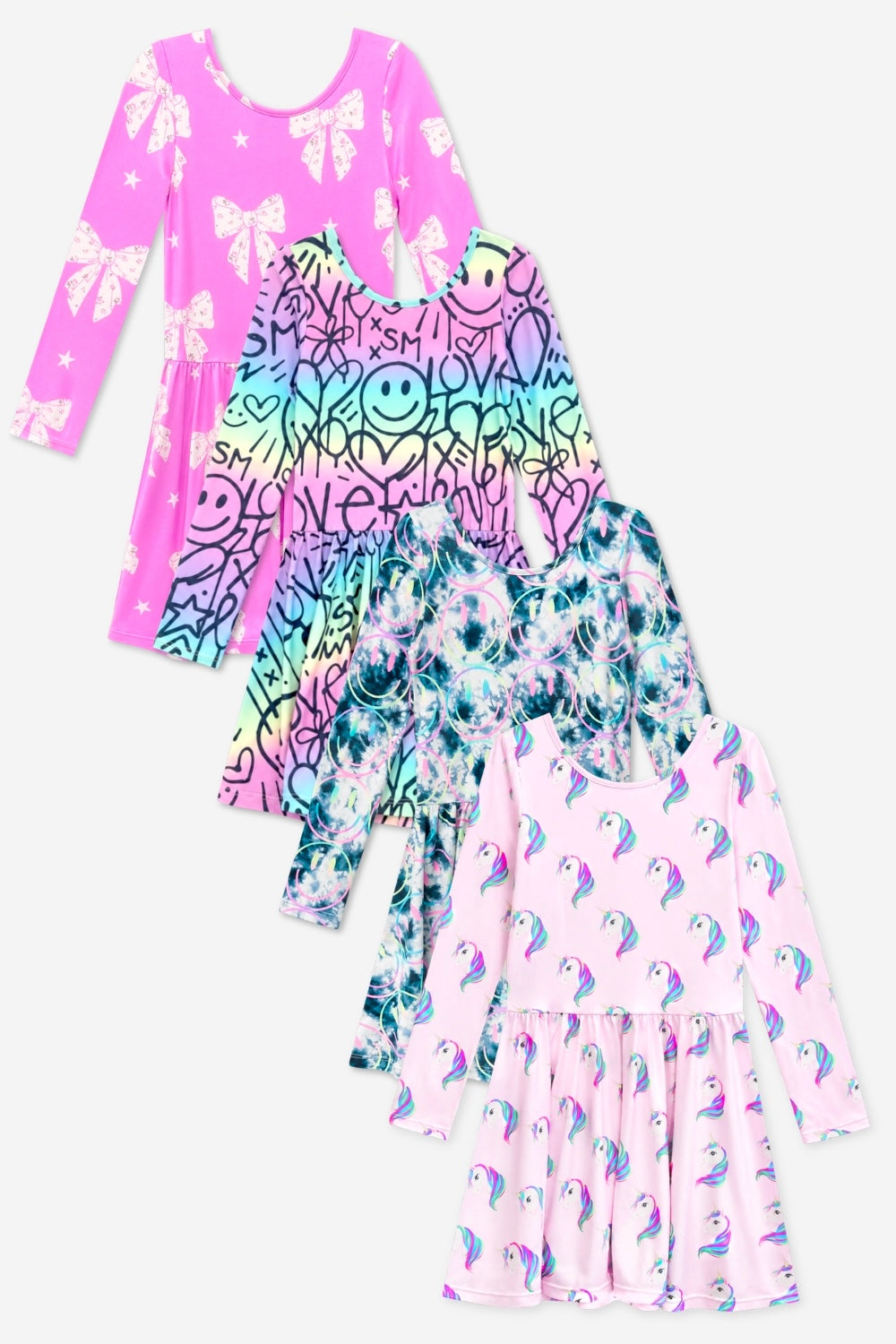 4 Pack Simply Soft Scoop Back Be Happy Dress - Pink Floral Bow | Black Ivory Tie Dye | Pink Rainbow Unicorn | Rainbow Ombre Love Smile Graffiti - NEW!