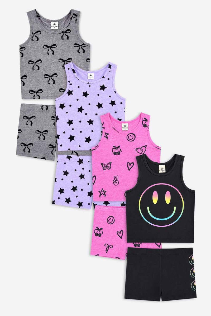 4-Pack Simply Soft Luxe Cropped Racerback Tank & Tumble Short - Black Smile | Lilac Star | Neon Pink Emojis | Steel Bows - NEW!