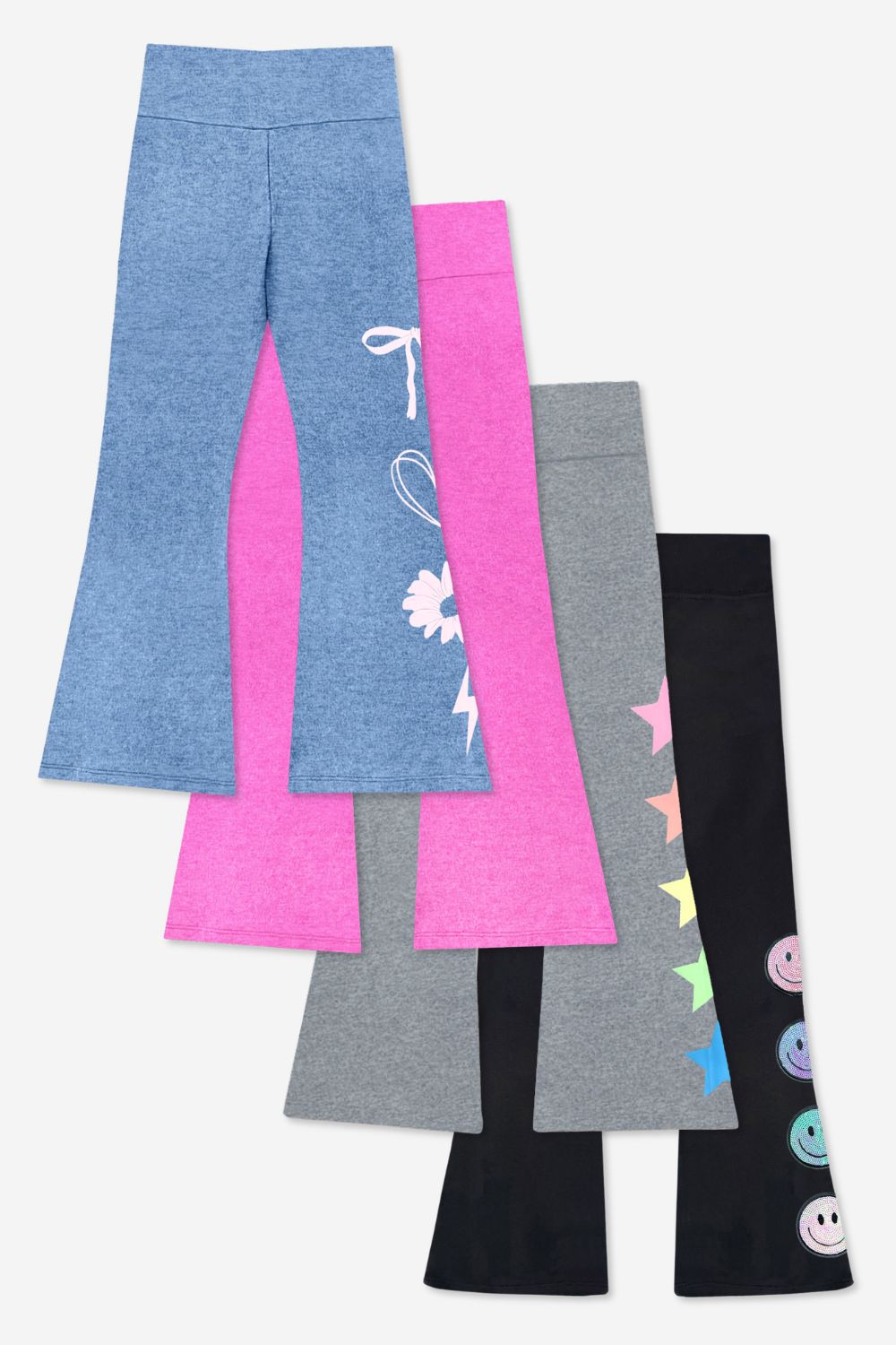 4-Pack Simply Soft Luxe Flare Legging - Steel Rainbow Stars | Neon Pink | Vintage Denim Light Pink Emoji | Black Sequin Smile - NEW!