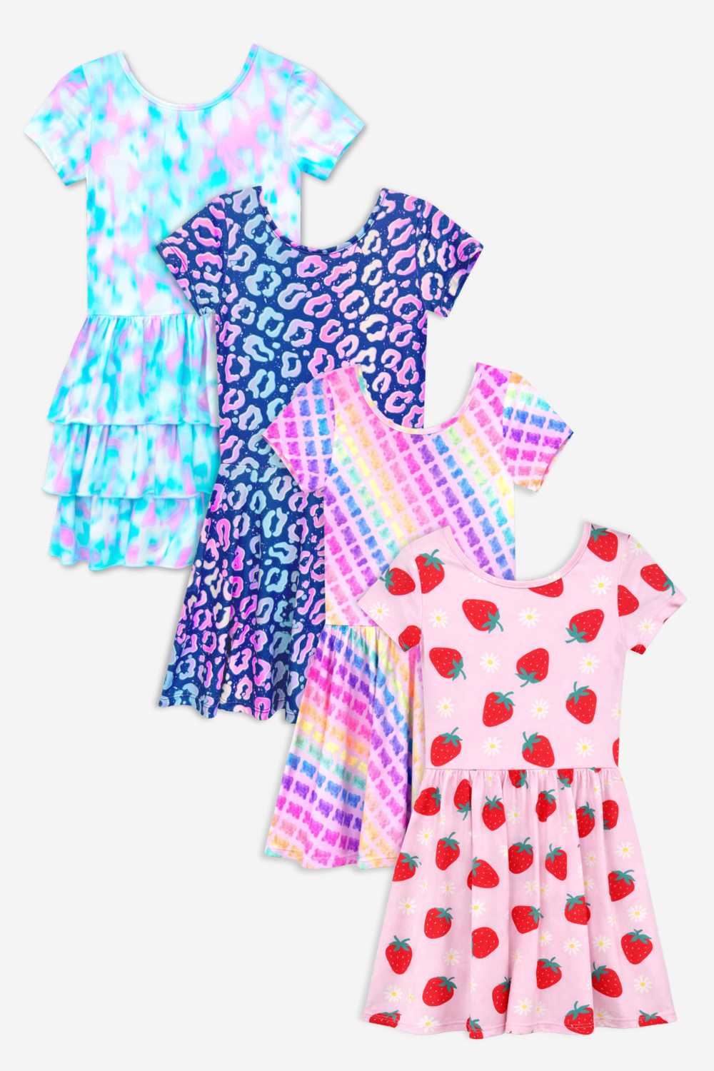 4-Pack Simply Soft Short Sleeve Dress - Pink Rainbow Gummy Bear | Lt Blue Neon Pink | Denim Leopard Splatter | Pink Strawberry Daisy