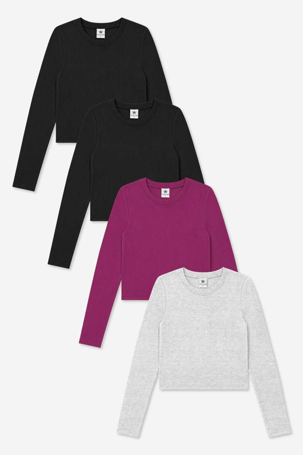 4-Pack Ultra-Soft Ribbed Fitted L/S Tee - Black (x2) | Light Ash Grey | Burgundy - NEW!