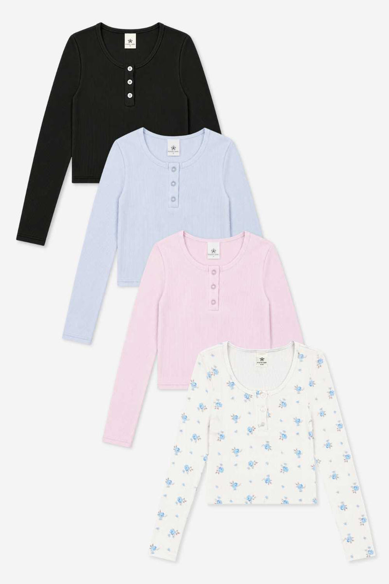 4-Pack Ultra-Soft Rib Fitted Henley - Black | Powder Pink | Powder Blue | Ivory Floral - NEW!