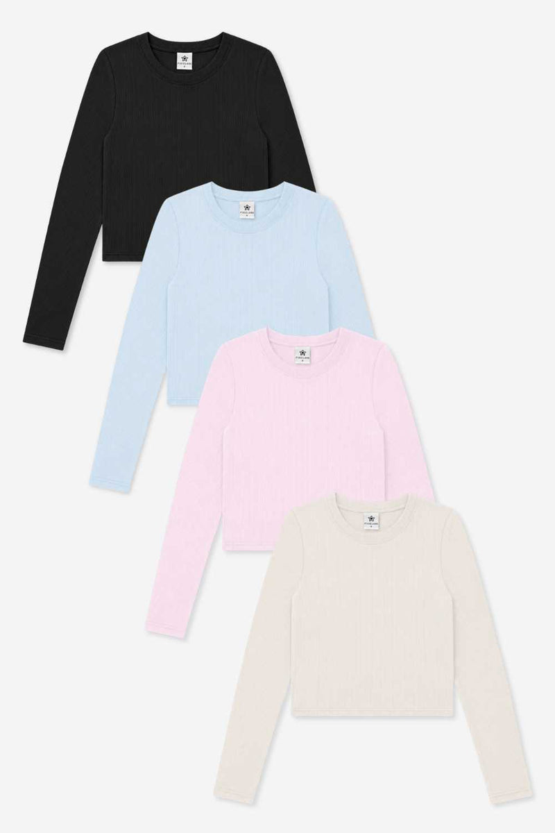 4-Pack Ultra-Soft Ribbed Fitted L/S Tee - Black | Powder Pink | Powder Blue | Oatmeal - NEW!