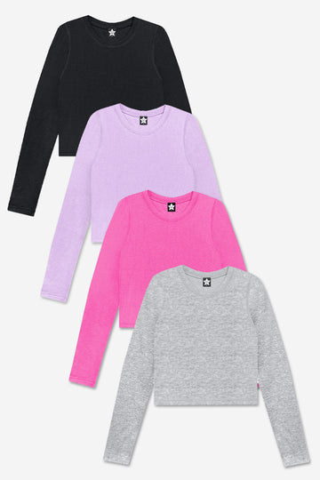4-Pack Ultra-Soft Ribbed Fitted L/S Tee - Black | Lilac | Hot Pink | Heather Grey - NEW!