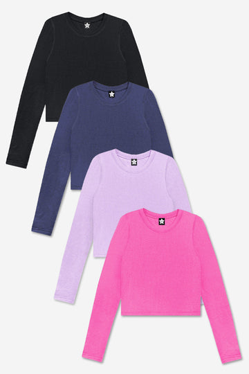 4-Pack Ultra-Soft Ribbed Fitted L/S Tee - Black |  Dark Denim | Lilac | Hot Pink - NEW!