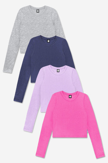 4-Pack Ultra-Soft Ribbed Fitted L/S Tee - Heather Grey | Dark Denim | Lilac | Hot Pink - NEW!