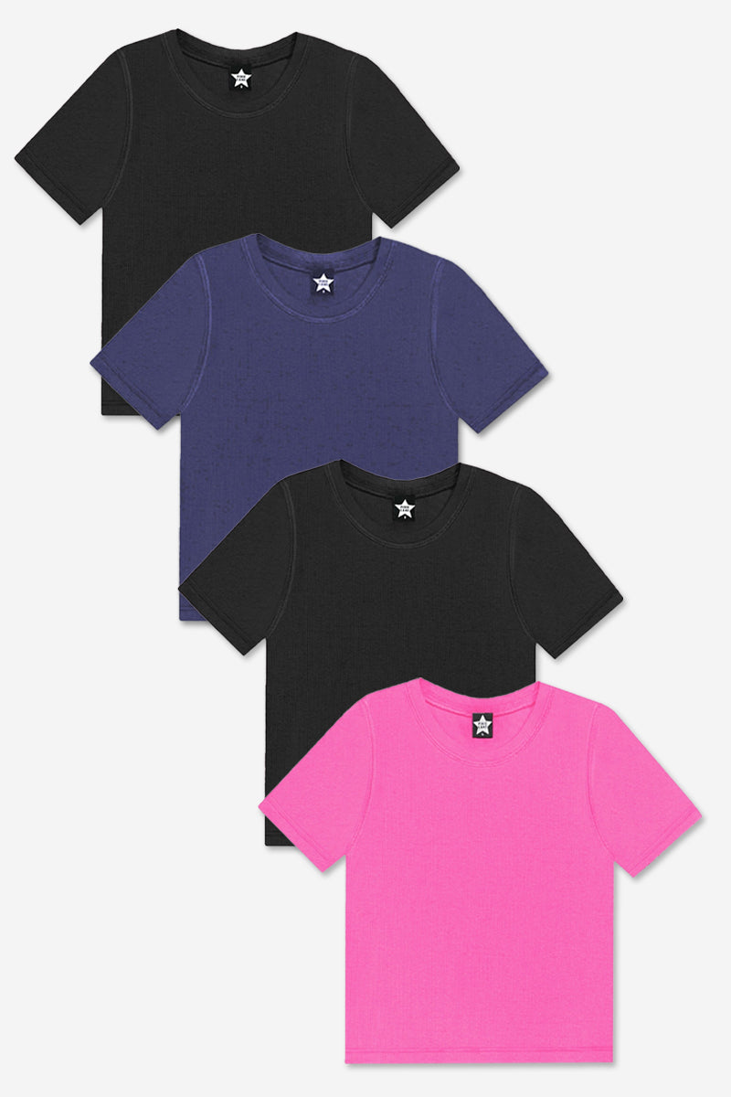 4-Pack Ultra-Soft Ribbed Fitted S/S Tee - Black | Dark Denim | Hot Pink - NEW!
