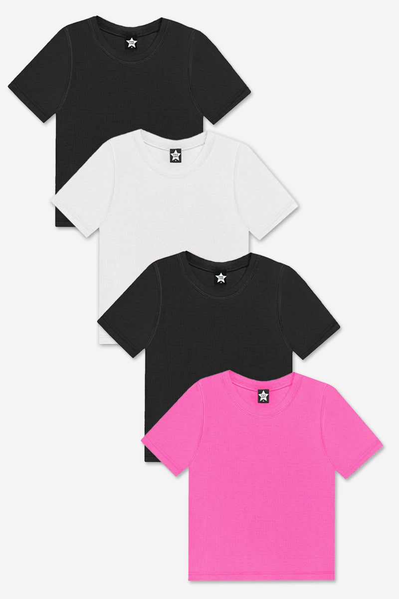 4-Pack Ultra-Soft Ribbed Fitted S/S Tee - Black | White | Hot Pink - NEW!
