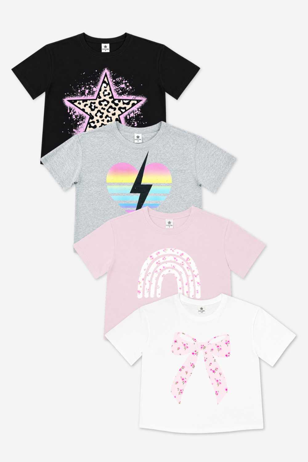 4-Pack Washed Cotton Drop Shoulder Tee - Mauve Rainbow | Black Star | White Bow | H.Grey Rainbow Heart Bolt - NEW!