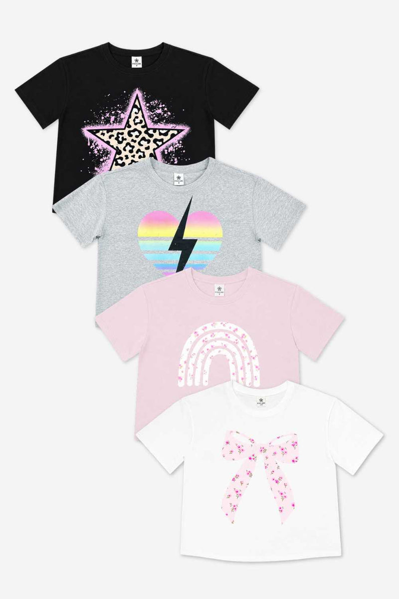 4-Pack Washed Cotton Drop Shoulder Tee - Mauve Rainbow | Black Star | White Bow | H.Grey Rainbow Heart Bolt - NEW!