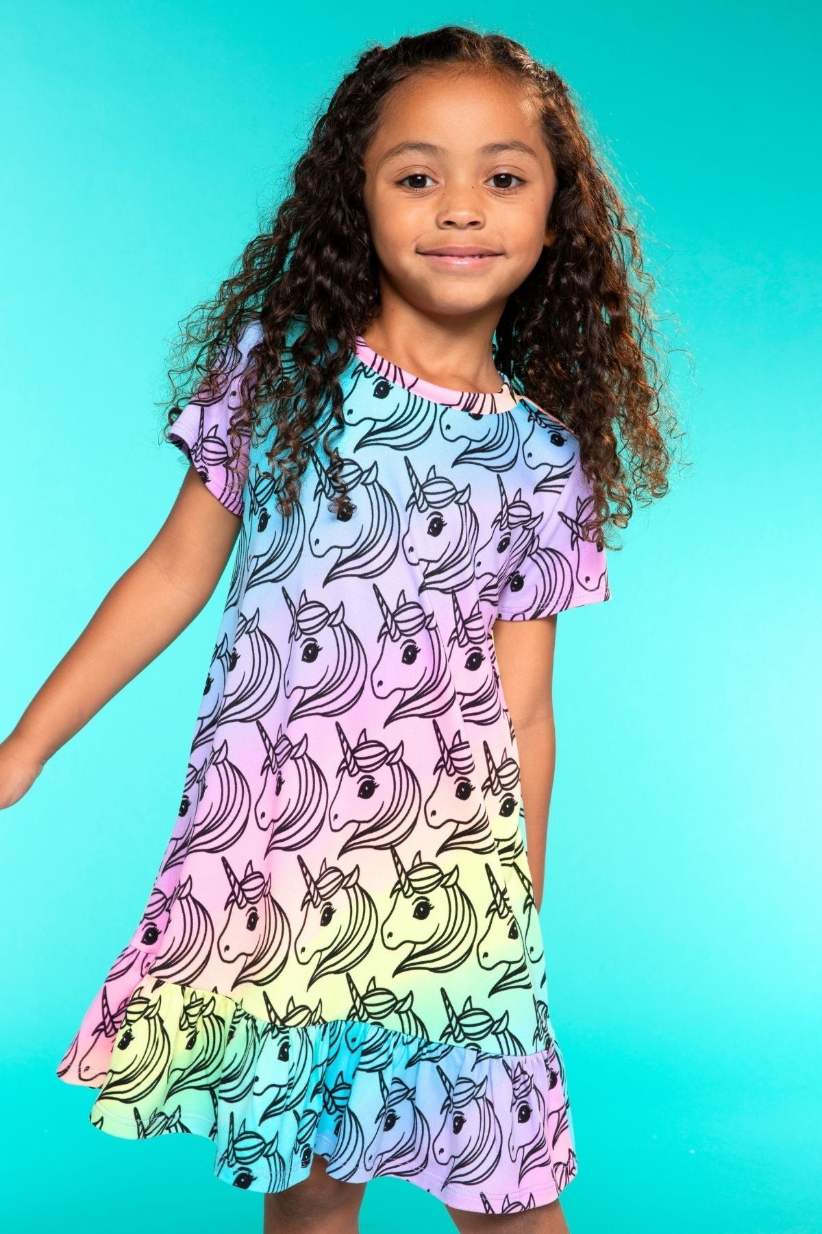 Simply Soft Short Sleeve Ruffle Lounge Dress - Pink Rainbow Bow Cherry - NEW