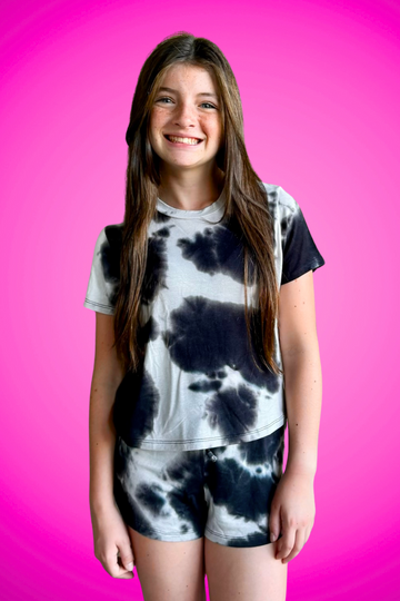 Short Sleeve Easy Tee & Dolphin Short - Black White Tie Dye