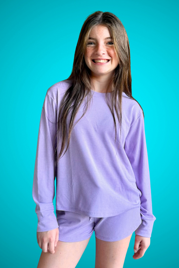 Ribbed Long Sleeve Easy Tee & Dolphin Short - Lavender - Lavender Rib