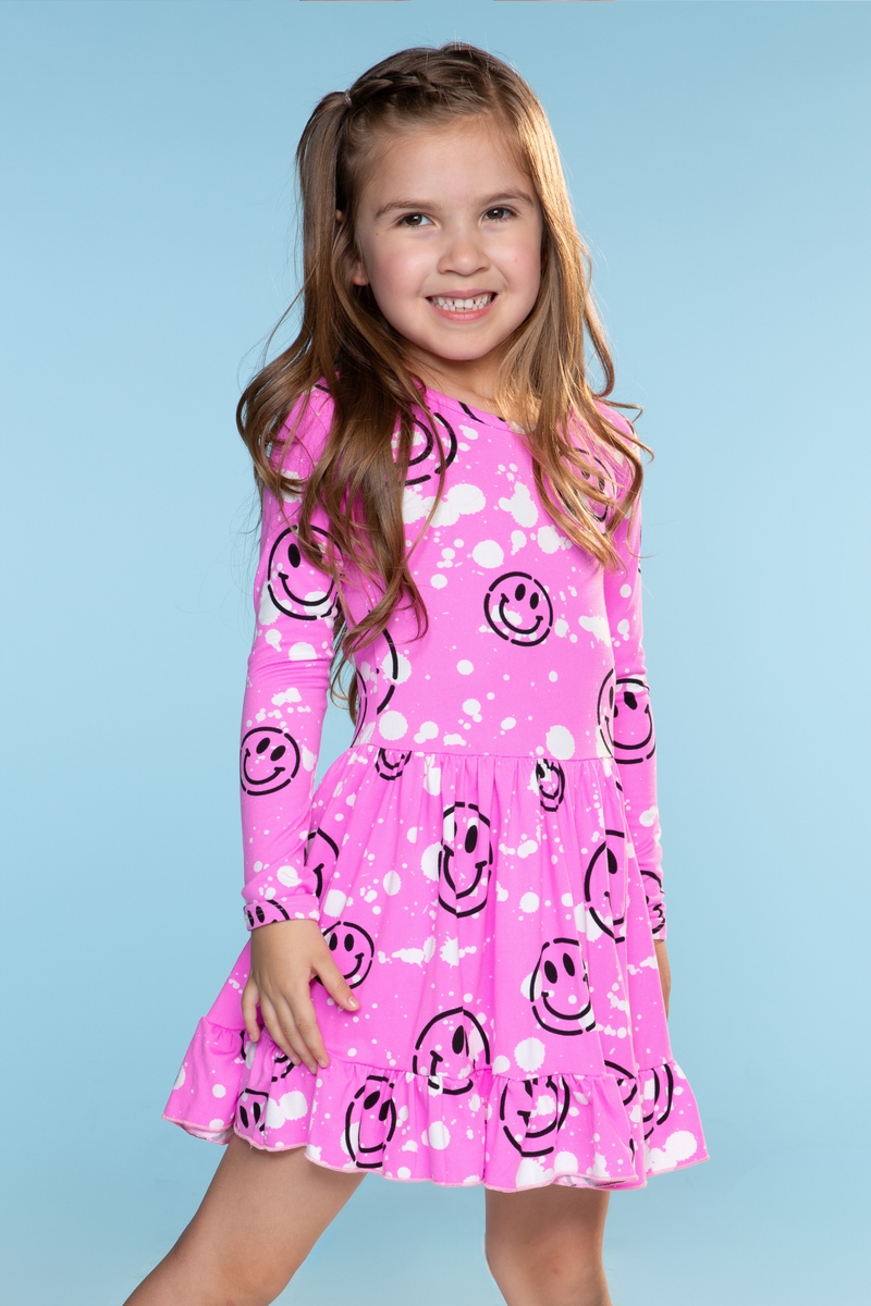 Simply Soft Long Sleeve Be Happy Flounce Dress - Pink Splatter Smile