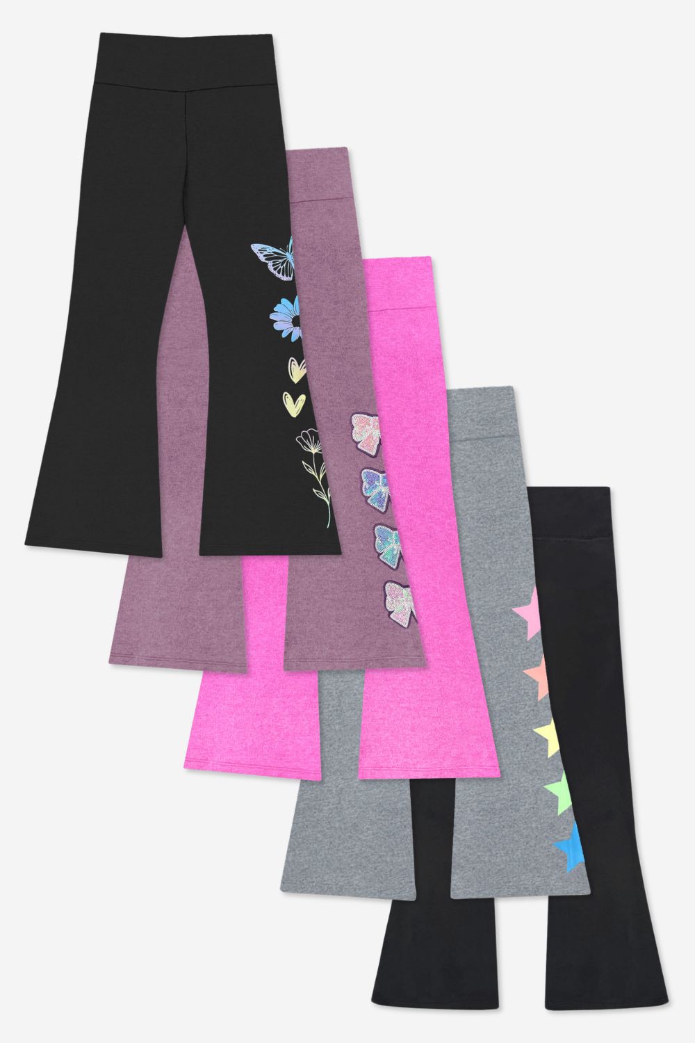 5-Pack Simply Soft Luxe Flare Legging - Black Pastel Rainbow | Steel Rainbow Stars | Neon Pink | Black | Dusty Plum Sequin Bow - NEW!
