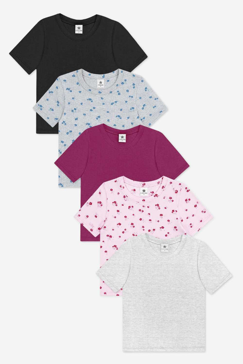 5-Pack Ultra-Soft Ribbed Fitted Tee - Black | H Grey Navy Floral | Burgundy | Pink Burgundy Floral | Light Ash Grey - NEW!