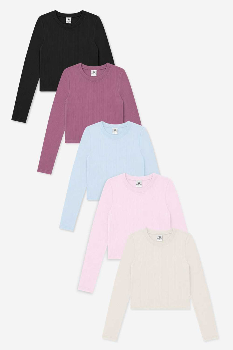 5-Pack Ultra-Soft Ribbed Fitted L/S Tee - Powder Pink | Powder Blue | Black | Oatmeal | Mulberry - NEW!