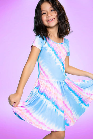 Simply Soft Short Sleeve Be Happy Dress - Denim Pink Tie Dye