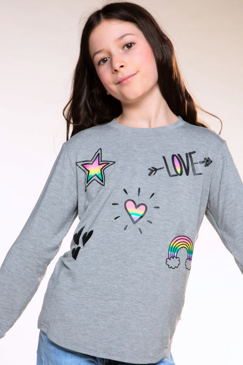 Modal Long Sleeve Shirttail Top - Heather Grey Rainbow Love Icons - NEW!