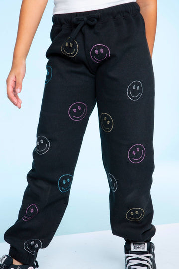 Cotton Soft French Terry Cozy Sweatpant - Black Rhinestone Smile