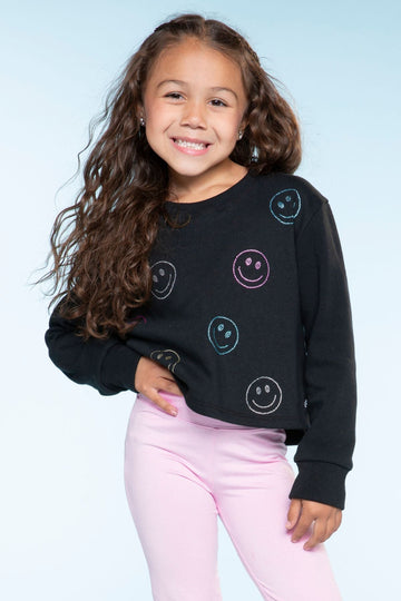 Cotton Soft French Terry Easy Crew Sweatshirt - Black Rhinestone Smile