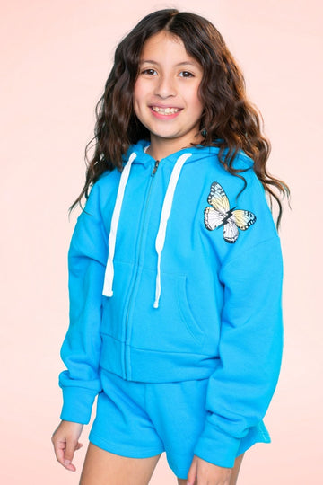 Cotton Soft French Terry Drop Shoulder Zip Hoodie - Neon Blue Butterfly