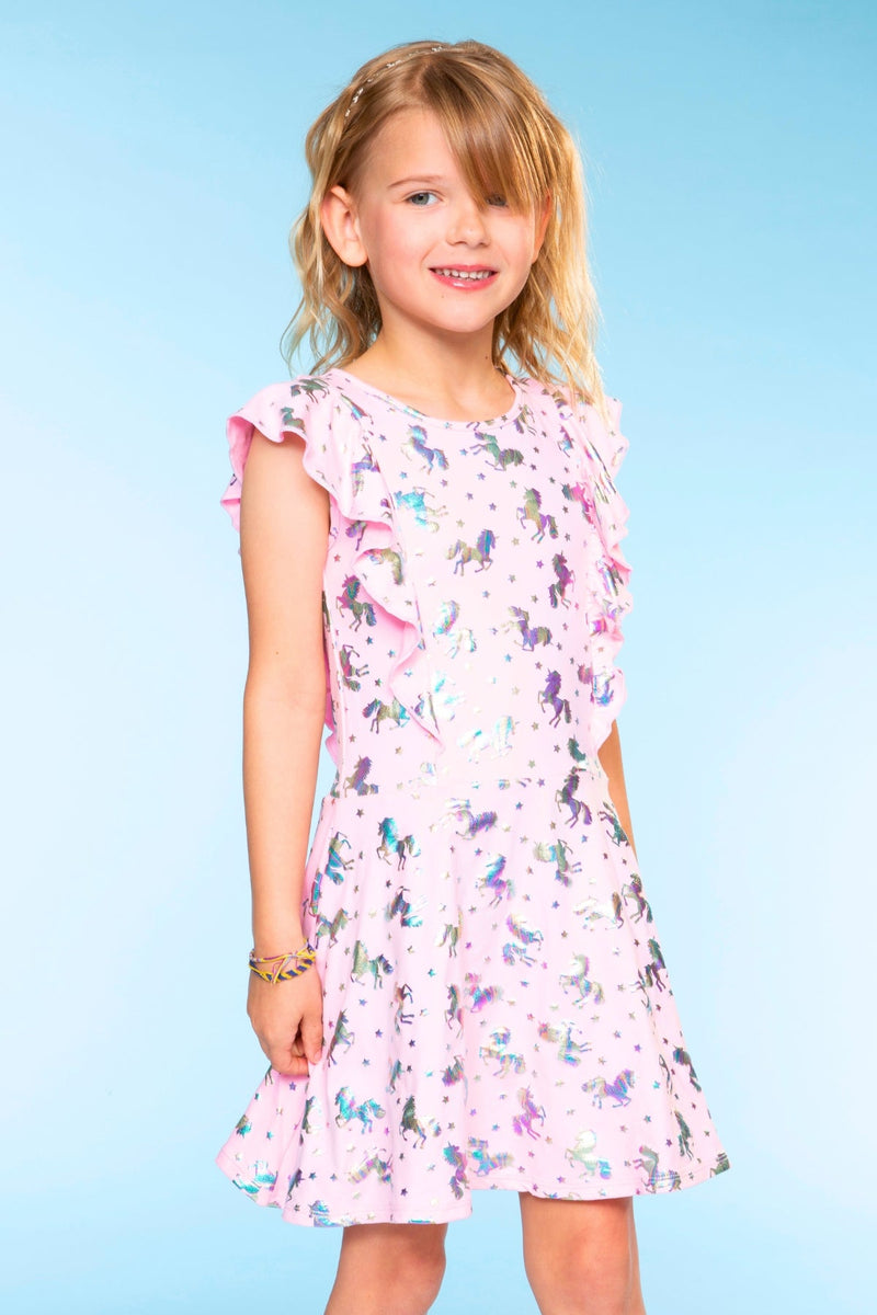 Simply Soft Flutter Sleeve Skater Dress - Pink Foil Unicorn