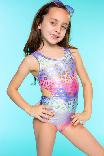 High Shine One Piece Cutout Swimsuit - Pastel Gold Leopard - NEW!