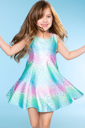 Foil Sleeveless Twirl Dress - Rainbow Leopard Ombre